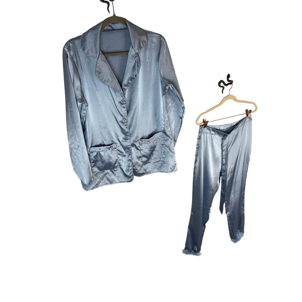 Womens Long Sleeve Silky Satin Fur Trim Pajama Set Sleepwear Loungewear S - Picture 2 of 16